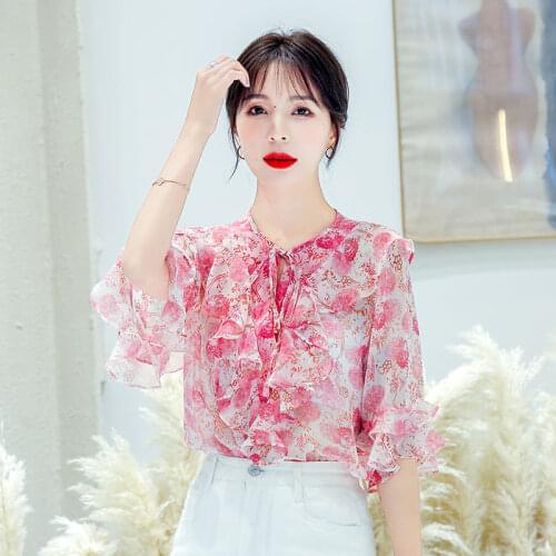 Womens Spring Summer Style Chiffon Blouses Shirts Womens Bow Ruffles Printed Casual Tops SP514