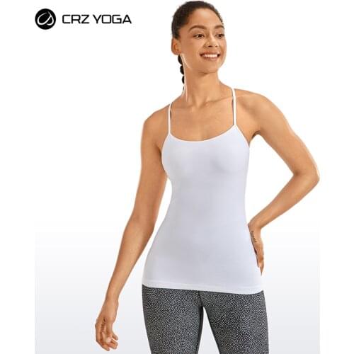 CRZ YOGA Womens Strap Workout Tank Tops with Built in Bra Sports Camisole Compression Long Length