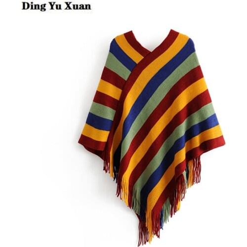 Rainbow Striped Pullover Casual Women Batwing Sweater Tassel Jumper Knitting Shawl Coat V-neck Loose Cape Poncho Autumn Cloak