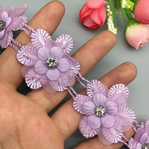 20pcs Purple Rhinestones 3D Rose Flower Chiffon Embroidered Lace Trim Ribbon Fabric Sewing Craft Patchwork Handmade Decoration