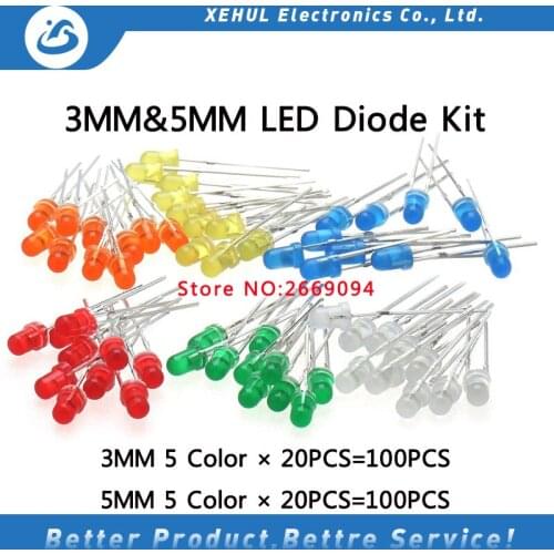 200PCS/Lot 3MM 5MM Led Kit With Box Mixed Color Red Green Yellow Blue White Light Emitting Diode Assortment 20PCS Each New