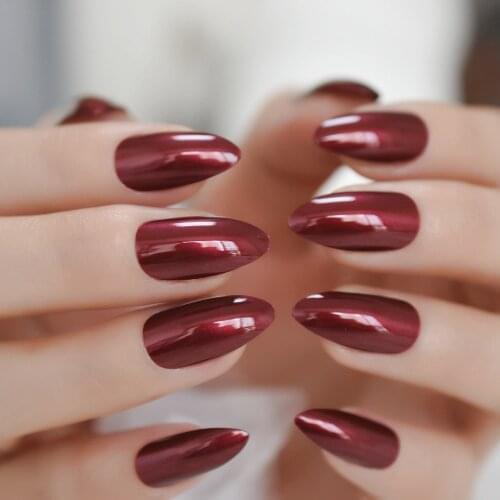 24Pcs Short Pure Red Color Chrome Almond Nail Tips Wholesale Full Cover Nails Gels Nails Artificial False Nail