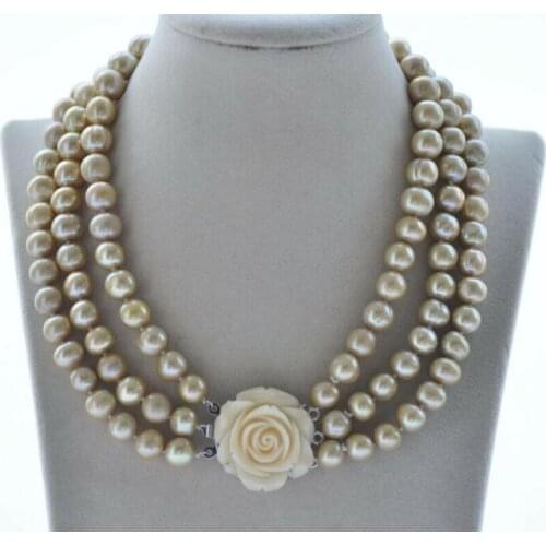 3Row 10-11mm Golden Round Freshwater Pearl Necklace 18"