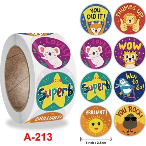500pcs Cartoon Animals Stickers Cute Words Reward Stickers for Teacher Encourage Student 1'' Round Reward Sticker for Kid