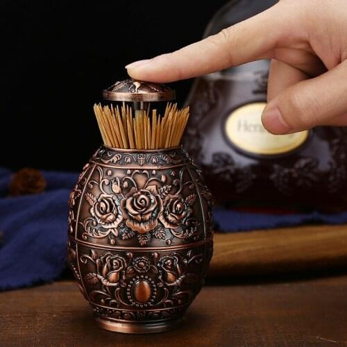 Automatic Toothpick Holder New Design Metal Vintage Zinc Alloy Metal Toothpick Dispenser Box Portable Organizer Storage Box