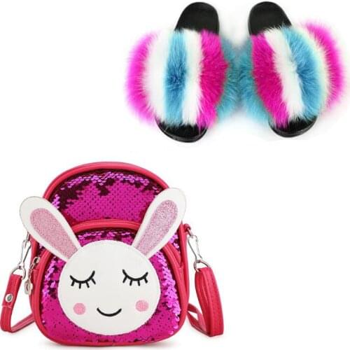 Baby Girl Backpacks Furry Slippers Kids Shoe Bag Set Cute Plush Slides Fashion Sandals Cartoon Rabbit Sequin Bag Flat Fur Slides