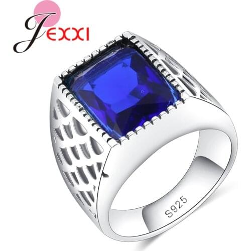 Brand Classic Neutral Design 925 Sterling Silver CZ Rings Blue Big Rectangular Crystal Hollow Design New Listing