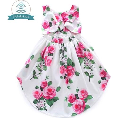 Flofallzique Girls Sleeveless Round Collar Rose Print Kids Clothes Party Wedding Sweet Swallowtail Baby Toddler Dresses 1-8Y