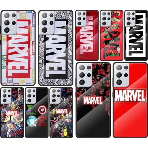Marvel logo cool for Samsung Galaxy S21 Ultra Plus A72 A52 4G 5G M51 M31 M21 Luxury Tempered Glass Phone Case Cover