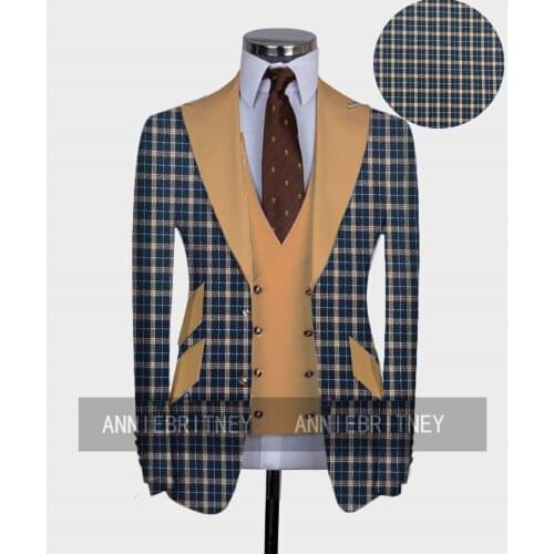 Custom Made Fashion Plaid Business Men Suit 3Pcs Slim Fit Dinner Party Prom Vintage Tuxedo Blazer Double Breasted Vest Pants Set