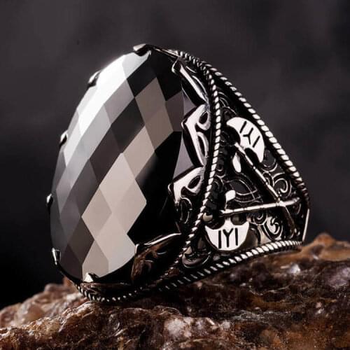 925 Sterling Silver Black Zircon Mens Ring with Axe Pattern on Sides Exclusive Ring for Men Silver Ring