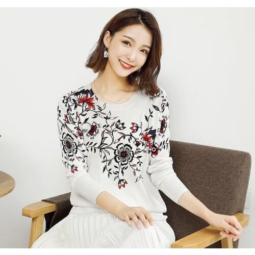 2020 new printed knitted blouse women autumn pullover loose plum knit blouse simple and fashionable