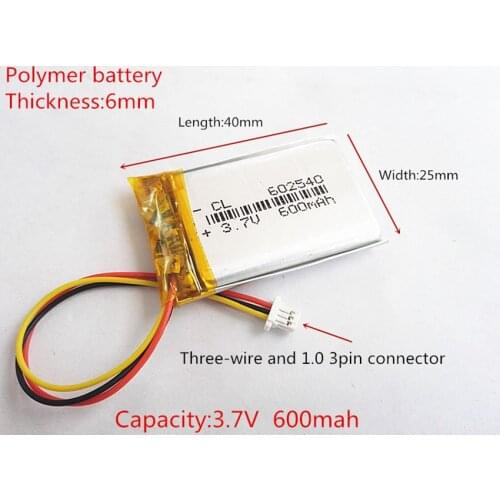 602540 3.7V 2.2wh 600mAh Rechargeable Li-Polymer Li-ion Battery For tachograph MP3 MP4 GPS papago DVR 358 062540