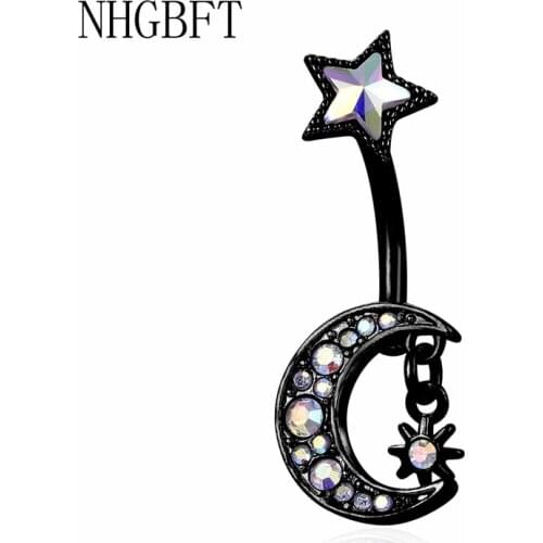 NHGBFT Stars moon Crystal CZ Belly Piercing Button Rings Womens Bar Barbell Drop Dangle Navel Rings Body Jewelry