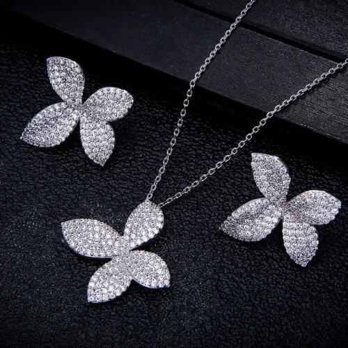 Luxury Micro Pave Setting Cubic Zirconia Leaf Shaped Necklace Earrings Dubai Jewelry Set For dinner party D1214