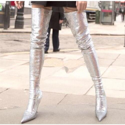 Luxury Bling Bling Glitter Thigh High Boots For Women Pointed Toe Slip-on Paillette Decor Sock Boots Sexy Over The Knee Boots