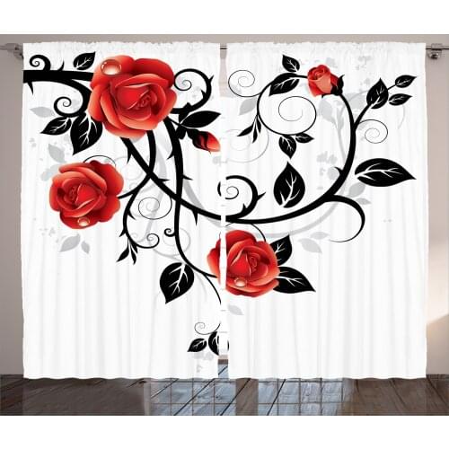 Rose Curtains Romantic Blooms on Swirling Branches Satin Fabric Drapes for Living Room Bedroom 2 Panel Window Set
