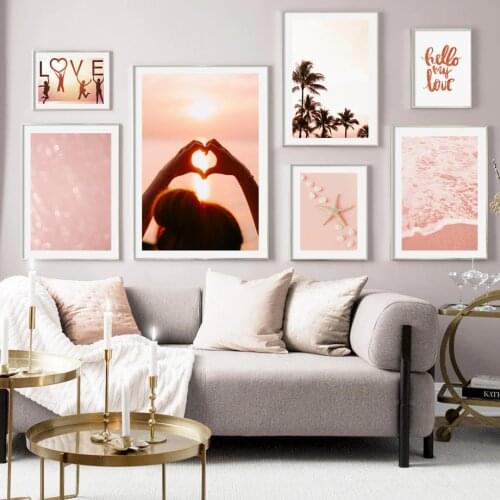 Pink Sea Beach Bridge Coconut Tree Love Wall Art Canvas Painting Nordic Posters And Prints Wall Pictures For Living Room Decor