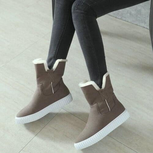 Ladies Winter Leather Comfortable Flat Heel Round Ladies Boots Black Grey Fashion Faux Suede Warm Womens Mid Calf Boots