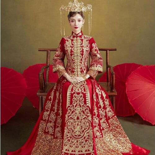 Oriental Gown Qipao Retro Embroidery Phoenix Chinese Traditional Women Wedding Cheongsam Stylish Elegant Bride Vintage Dress