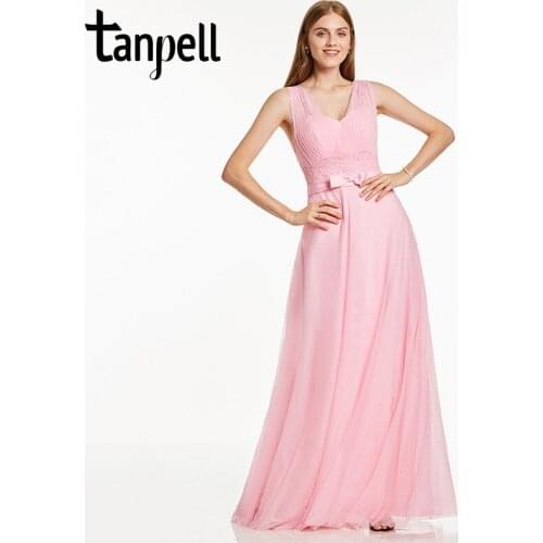 Tanpell v neck evening dress pearl pink sleeveless bowknot floor length a line gown prom party formal long lace evening dresses