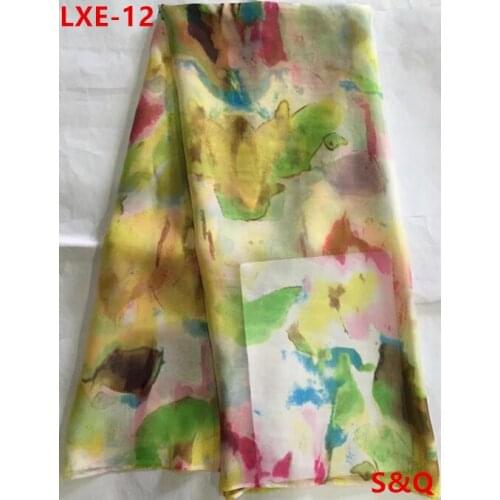 High quality popular 5yard african 100% silk chiffon lace fabric for lady dress stretch high-class printed silk fabric LXE-12