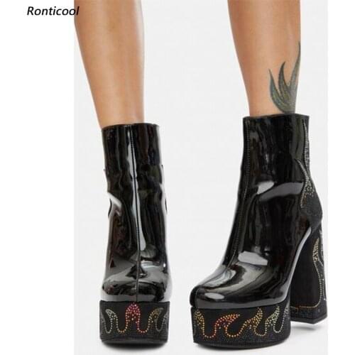 Ronticool Women Winter Platform Ankle Boots Flame Rhinestone Block Heels Round Toe Black Party Shoes Women Plus US Size 35-41
