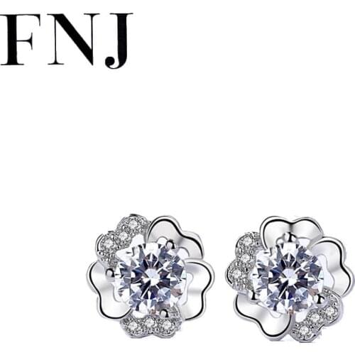 FNJ Flower Earrings 925 Silver Jewelry Original Pure S925 Sterling Silver Stud Earring for Women White Zircon