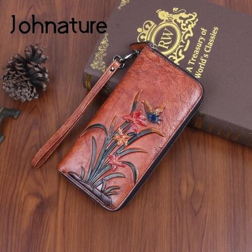 Johnature Retro Genuine Leather Clutch Wallets 2020 New Multi Card Wallet Card Holder Phone Purse Cowhide Luxury Womens Purses