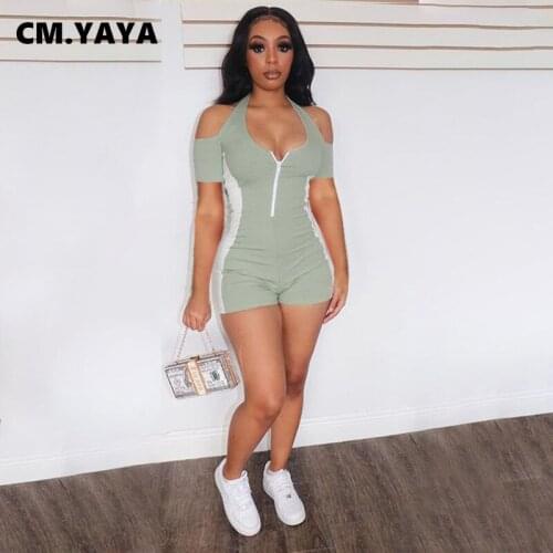 CM.YAYA Women Playsuit Patchwork Zipper Halter Short Sleeve Hollow Out Bodycon Playsuits Active Rompers One Piece Overall Summer