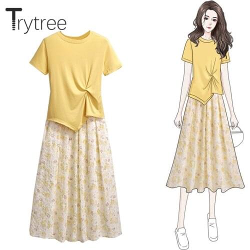 Trytree Summer Women Two Piece Set Casual Cotton Blended O-neck Asymmetrical Hem Tops + Elasitc Waist Florals Skirt 2 Piece Suit