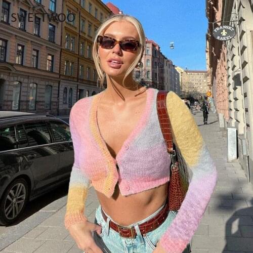 Autumn Womens Knitted Top Fashion V-Neck Long-Sleeved Slim Single-Breasted Tie-Dye Printing Street Casual Ladies Short Top