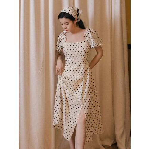 2021 Summer New Womens Retro Puff Sleeve Square Neck Temperament Split Tea Break Dress Casual Daily Polka Dot Mid-Length Dress
