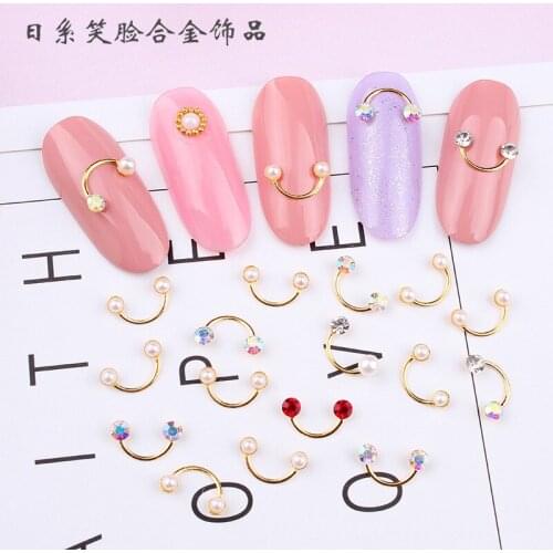 10Pcs 6 colors nail jewelry Japanese explosions rivet diamonds pearl smiley gold bars bent rods nail accessories