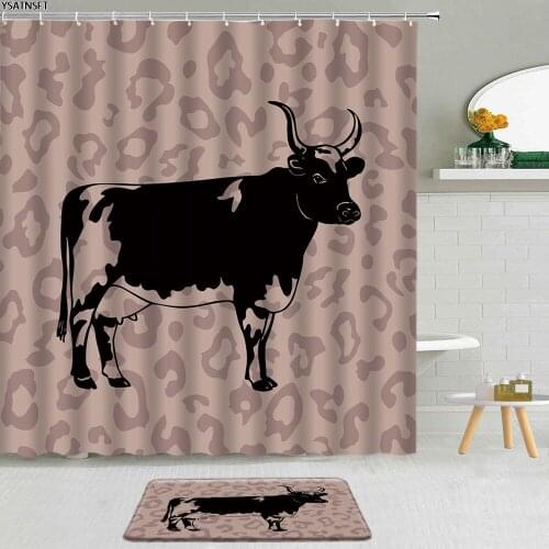 2Pcs Cartoon Animal Cattle Shower Curtain Hand Drawn Farm Cow Flowers Sunflower Non-Slip Bath Mat Bathroom Curtains Set Decor