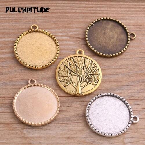 6pcs 25mm Inner Size Four Color Metal Alloy Simple Round Tree Cabochon Pendant Setting Jewelry Findings