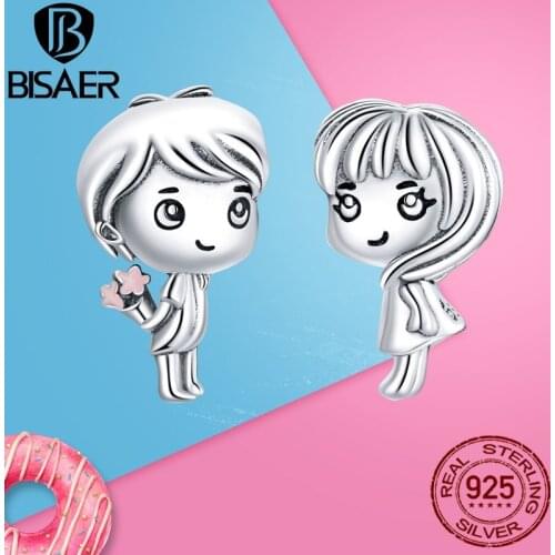 Bisaer New Little Boy & Girl Charms 100% 925 Sterling Silver Cartoon Character Beads Fit Original Bracelet Fine Jewelry EFC400