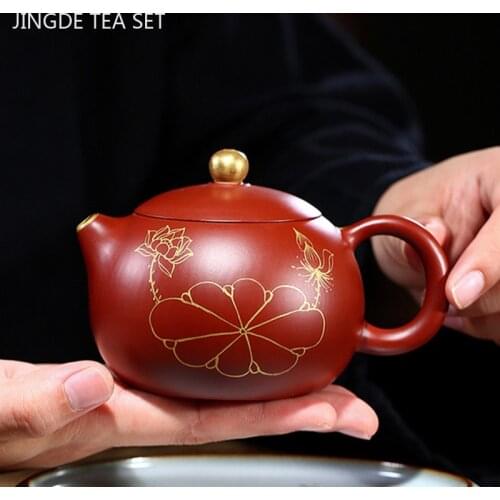 Yixing Tea Pot Outline In Gold Purple Clay Xishi Teapot Beauty Kettle Handmade Dahongpao Teaware Chinese Tea Ceremony Gift 220ml