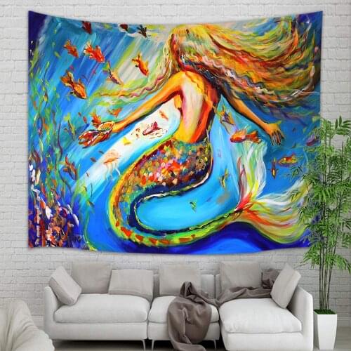 Mermaid Tapestry Wall Hanging, Fantasy Girl Fishes Wall Carpet Art Student Dorm Decor Living Room Bedroom TV Backdrop