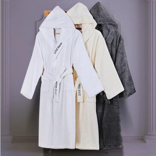 Hooded Bathrobe Women Cotton Thick Towel Fleece Robe Long-sleeve Soft Sleepwear nightgown Bathrobes Female Autumn Winter White