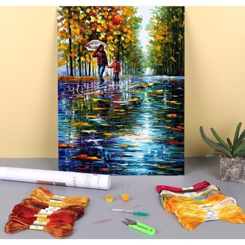 Stroll In An Autumn Rainy Park Printed Canvas 11CT Cross-Stitch Set DIY Embroidery DMC Threads Knitting Handmade Mulina