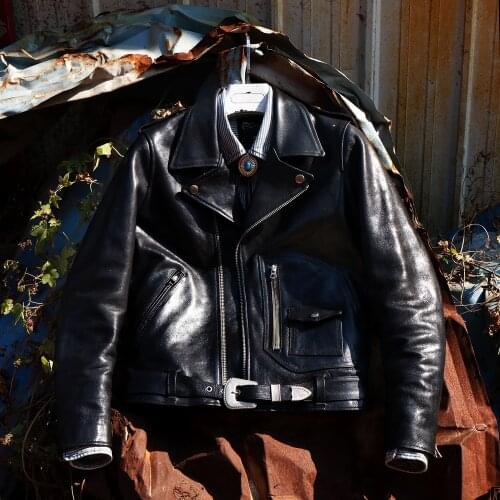 Italian type fatty cowhide JW02D pocket motorcyclist leather coat lapels