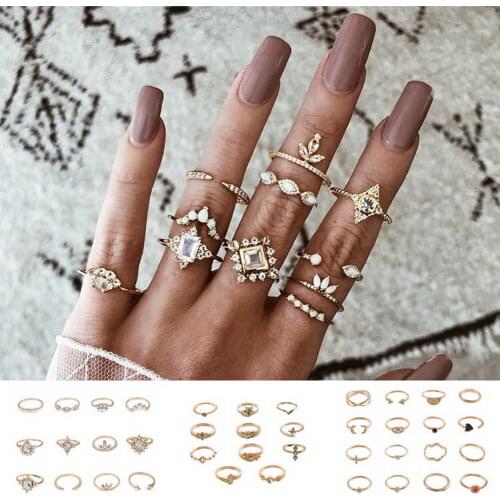 Anillos Кольца Для Женщин 1 Set Vintage Rings Boho Hollow Moon Cross Circle Kit Rhinestone Stylish Plated Кольца 2021 Тренд