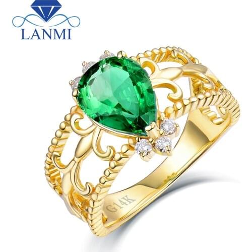 Natural Green Colombia Pear Emerald Rings Real Solid 14K Yellow Gold Natural Engagement Diamond Jewelry for Wife Birthday