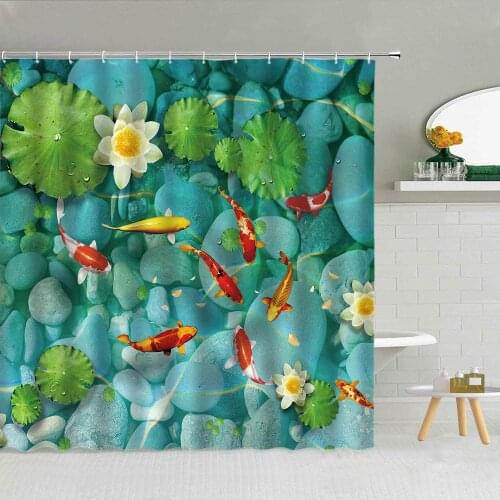 Pond Landscape Shower Curtain Lotus Carp Stone Fabric High Quality Bathroom Supplies With Hooks Decor Cloth Curtains Washable