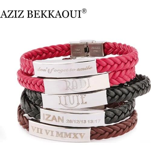 Laser Engrave Name ID Bracelet DIY Letter Name Bracelet For Men Stainless Steel Soft Leather Braided Rope Bracelet Fashion