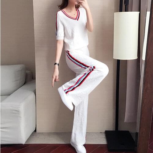 Summer Casual O Neck White Short Sleeve Two Piece Set Crop Top And long pants Striped 2 Piece Women Set Outfits