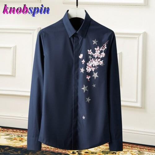 2019 Plus size 3XL 4XL Shirt Men Long sleeve clothes male Turn down collar Beading Printed Shirts for men Brand Camisa masculina