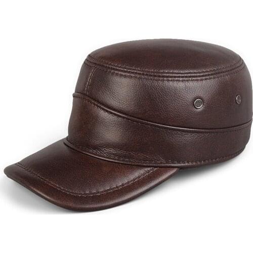 2019 new genuine leather men military cap hat Harppihop new mens real leather adult solid adjustable army hats/caps fashion