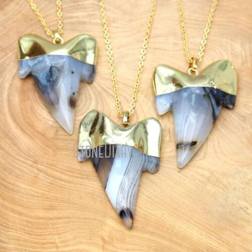 5Pcs Best Seller Gold Electroplated Shark Tooth Shape Chains Necklaces Gray Agates Chains Necklaces Online 18-32inch NM15906
